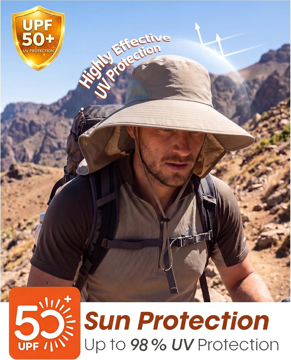 Home Prefer Outdoor UPF50+ Sun Hat Wide Brim Mesh Fishing Hat with Neck Flap