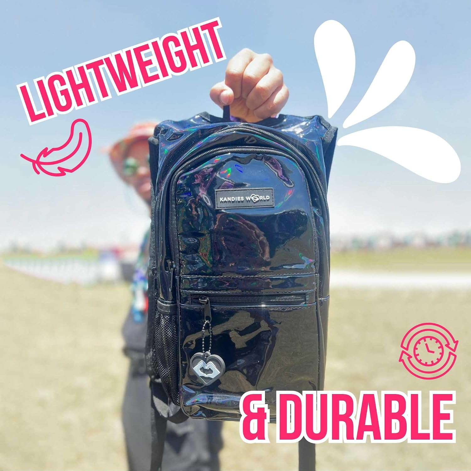 Kandies World Reflective Festival Hydration Pack - 2L Hydropack for Raves, Hiking, Biking, Running, and More (with Anti-Theft Pocket)