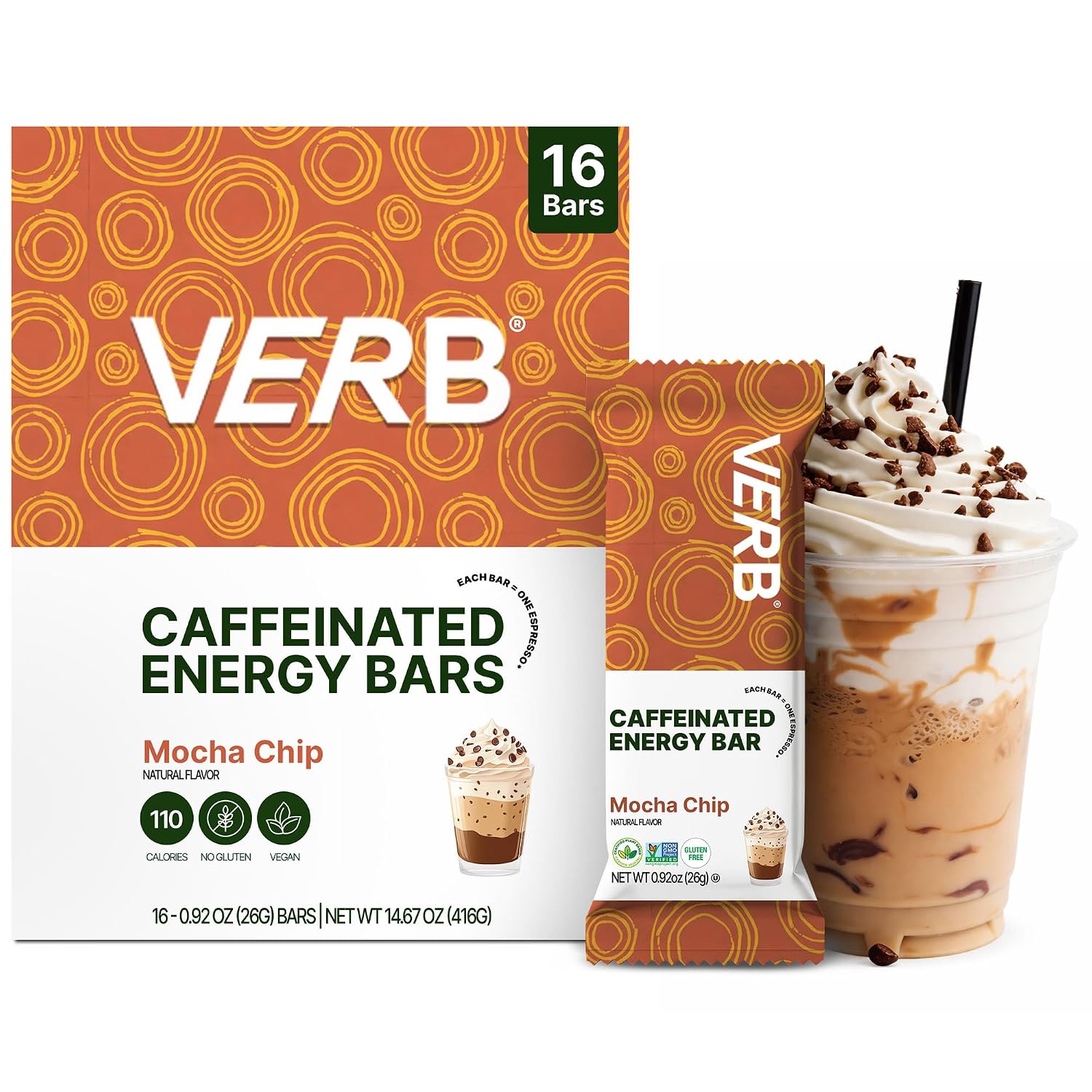 Verb Caffeinated Energy Bars Mocha Chip (26g, Pack of 16) 110 Calories