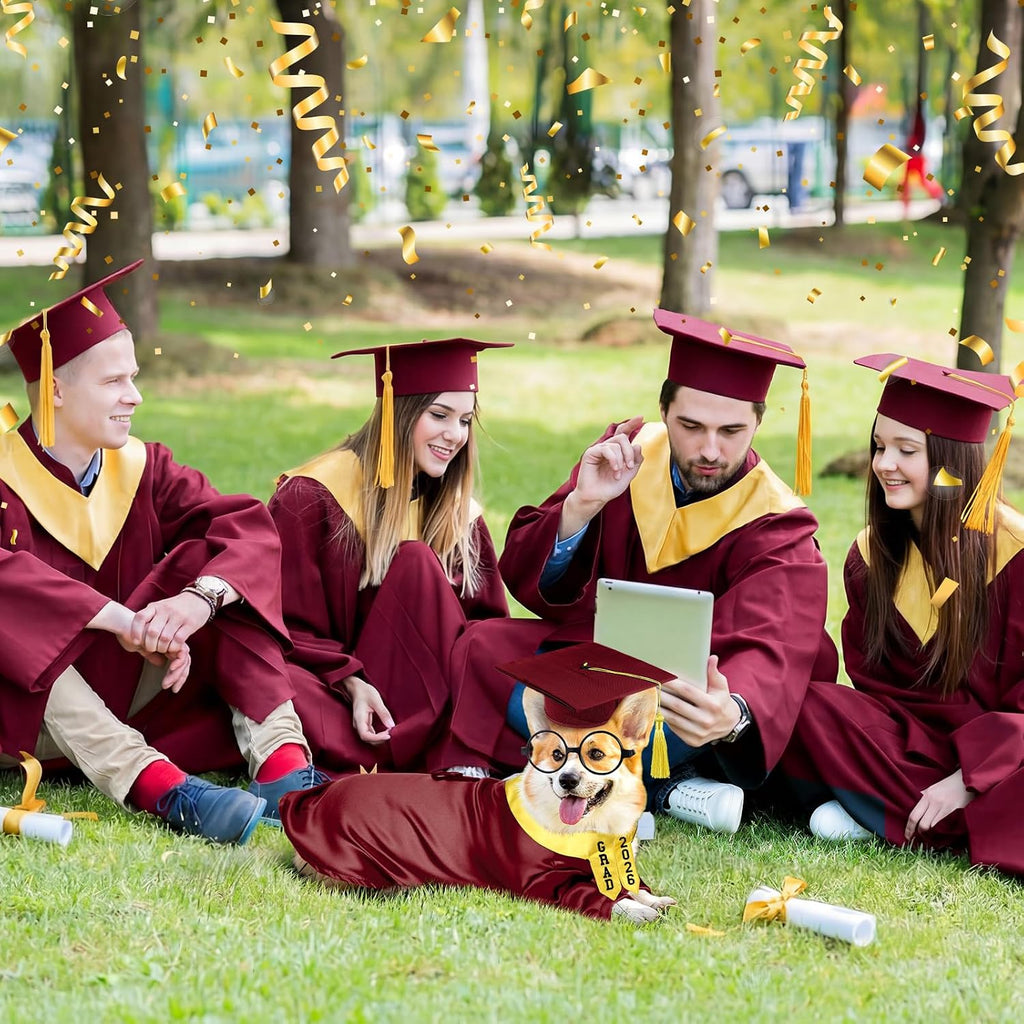 Huhumy 5 Pcs Dog Graduation Costume Set Include 2026 Pet Graduation Gown with Stole Puppy Grad Cap Lensless Glasses DIY Letter Stickers for Dogs Cats Holiday Costume Accessory(Maroon Yellow,S)