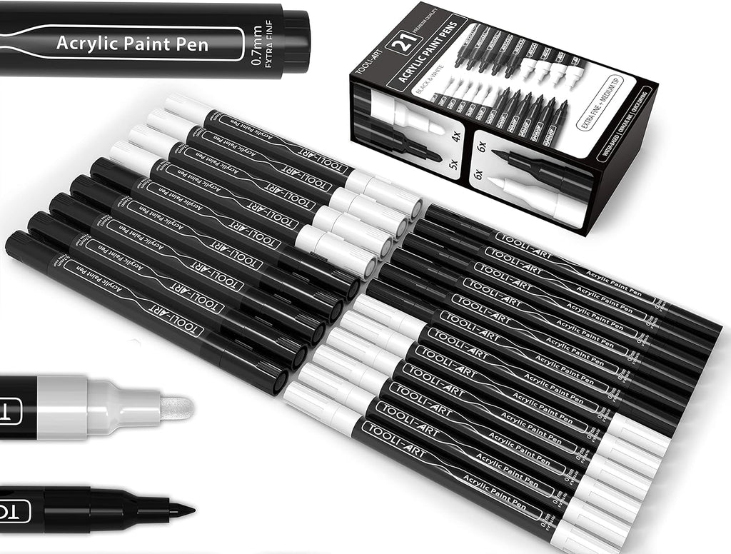 TOOLI-ART Black And White Acrylic Paint Markers Paint Pens Set For Rock Painting, Canvas, Mugs, Metal, Glass Paint, Fabric, Wood, DIY. Non Toxic, Quick Dry,Waterbas (EXTRA FINE & MEDIUM)