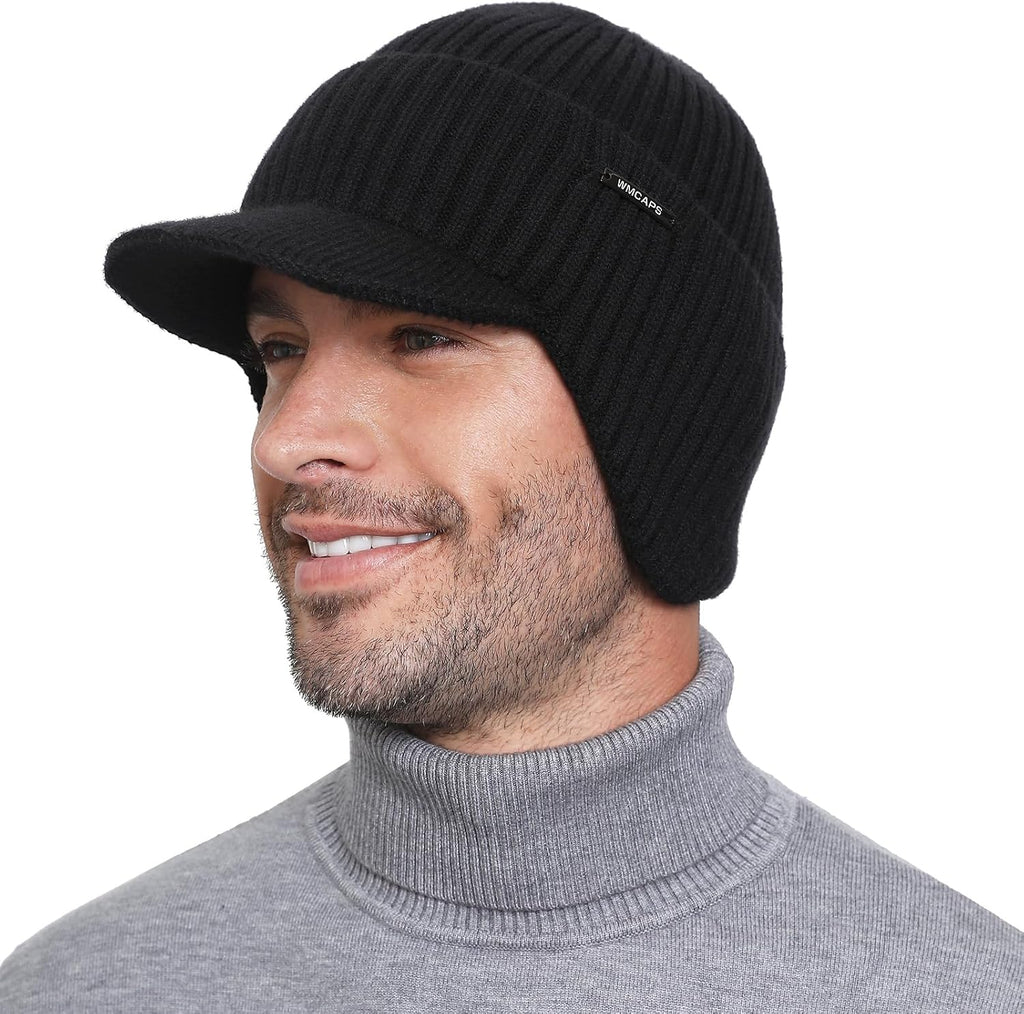 Wmcaps Winter Beanie with Brim & Ear Flaps, Fleece Lined Hat for Men Women