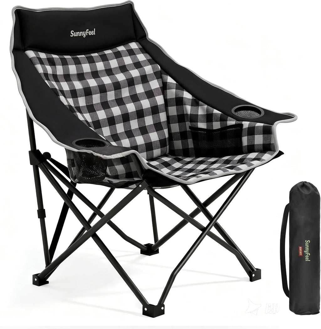SUNNYFEEL Padded Oversized Camping Chairs for Adults, Heavy Duty Portable Folding Chair with Carry Bag, Side Pockets & Cup Holder, Supports 300 lbs, for Tailgating Hiking Picnic Backyard Black
