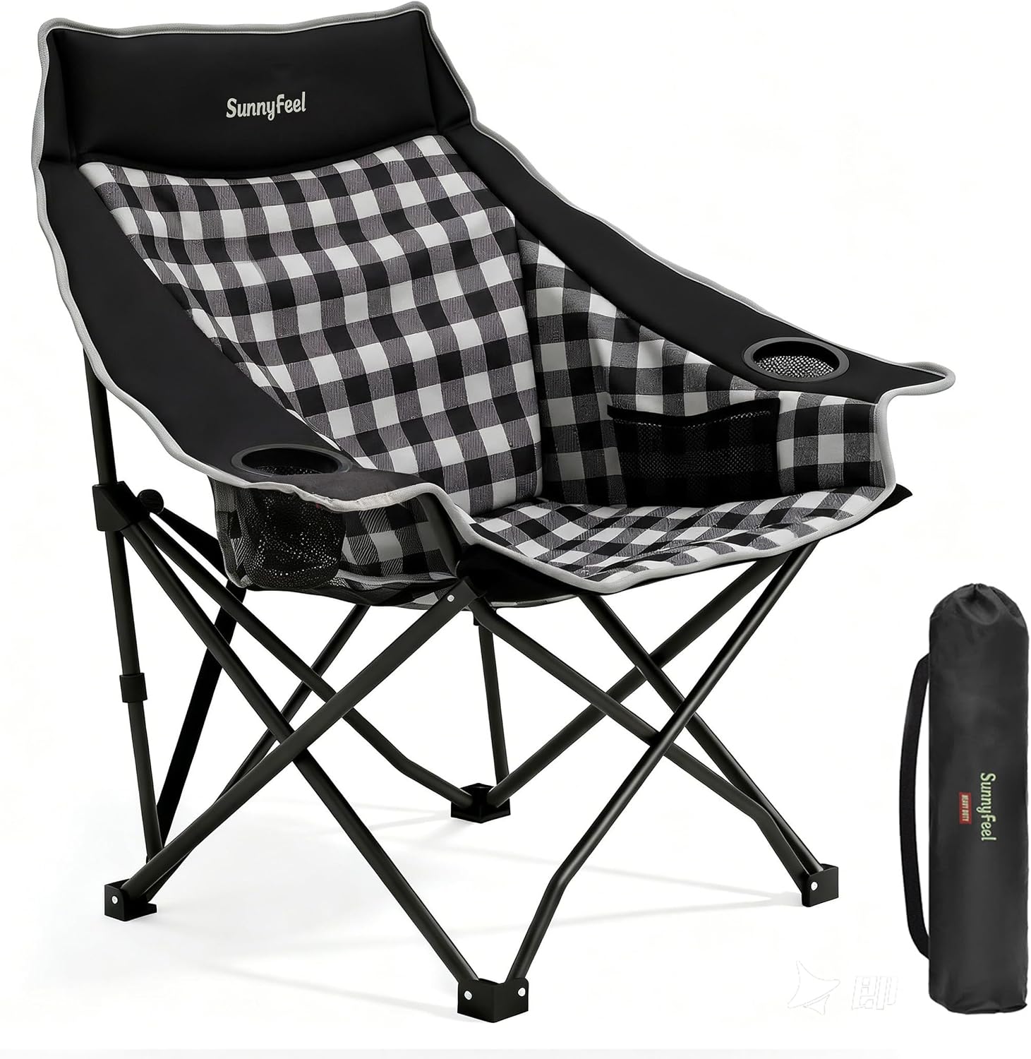 SUNNYFEEL Padded Oversized Camping Chairs for Adults, Heavy Duty Portable Folding Chair with Carry Bag, Side Pockets & Cup Holder, Supports 300 lbs, for Tailgating Hiking Picnic Backyard Black
