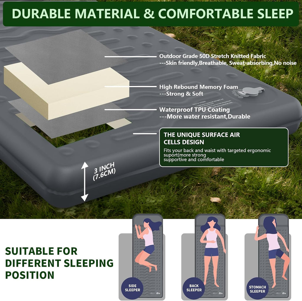HiiPeak Memory Sleeping Pad, Compact 3" Thick Foam Sleeping Mats with Pillow, 9.5 R-Value Insulated Camping Mattress Pad, Easy Inflate & Deflate, Inflatable Sleep Mat for Backpacking Hiking Car Tent