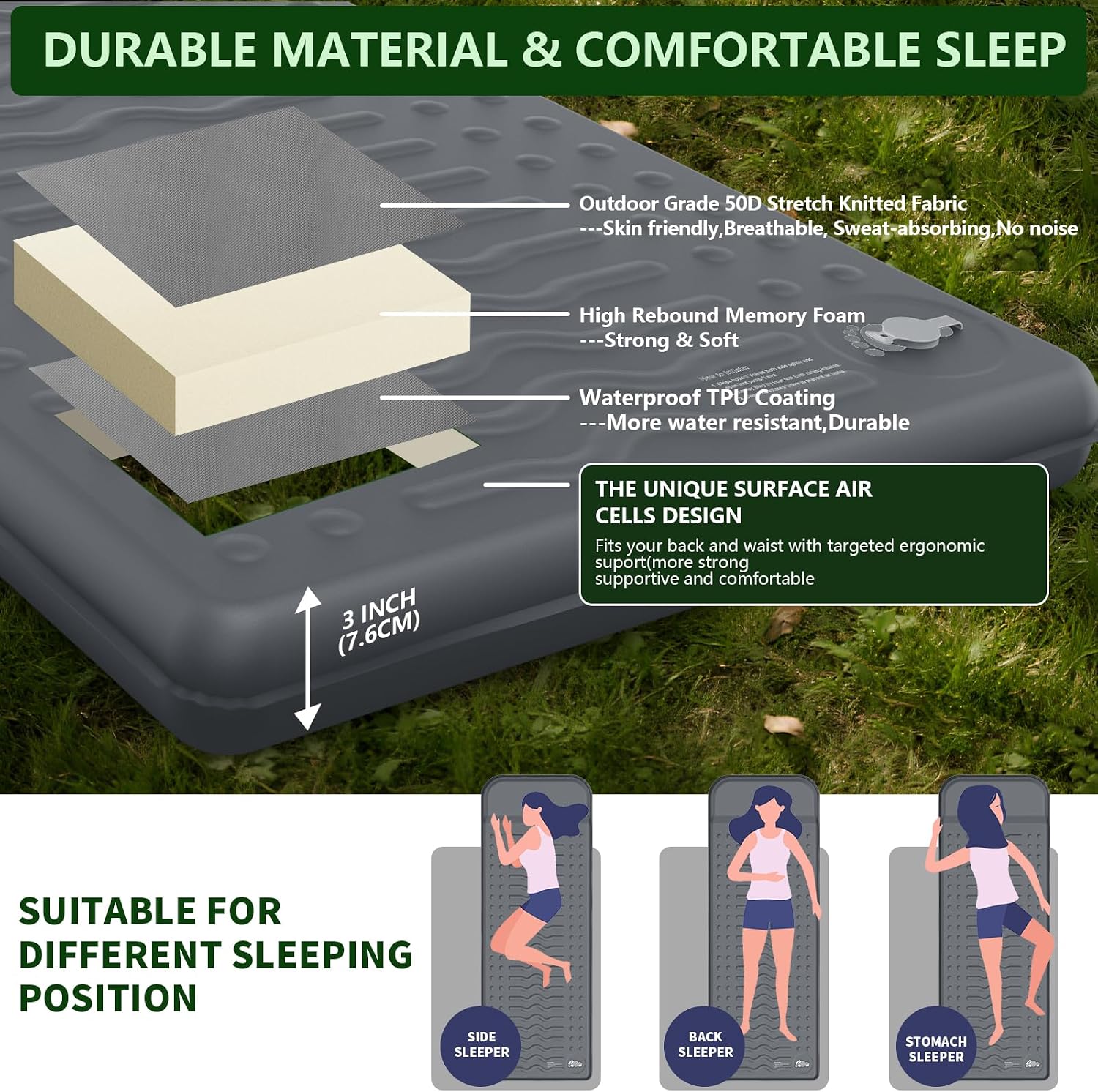 HiiPeak Memory Sleeping Pad, Compact 3" Thick Foam Sleeping Mats with Pillow, 9.5 R-Value Insulated Camping Mattress Pad, Easy Inflate & Deflate, Inflatable Sleep Mat for Backpacking Hiking Car Tent