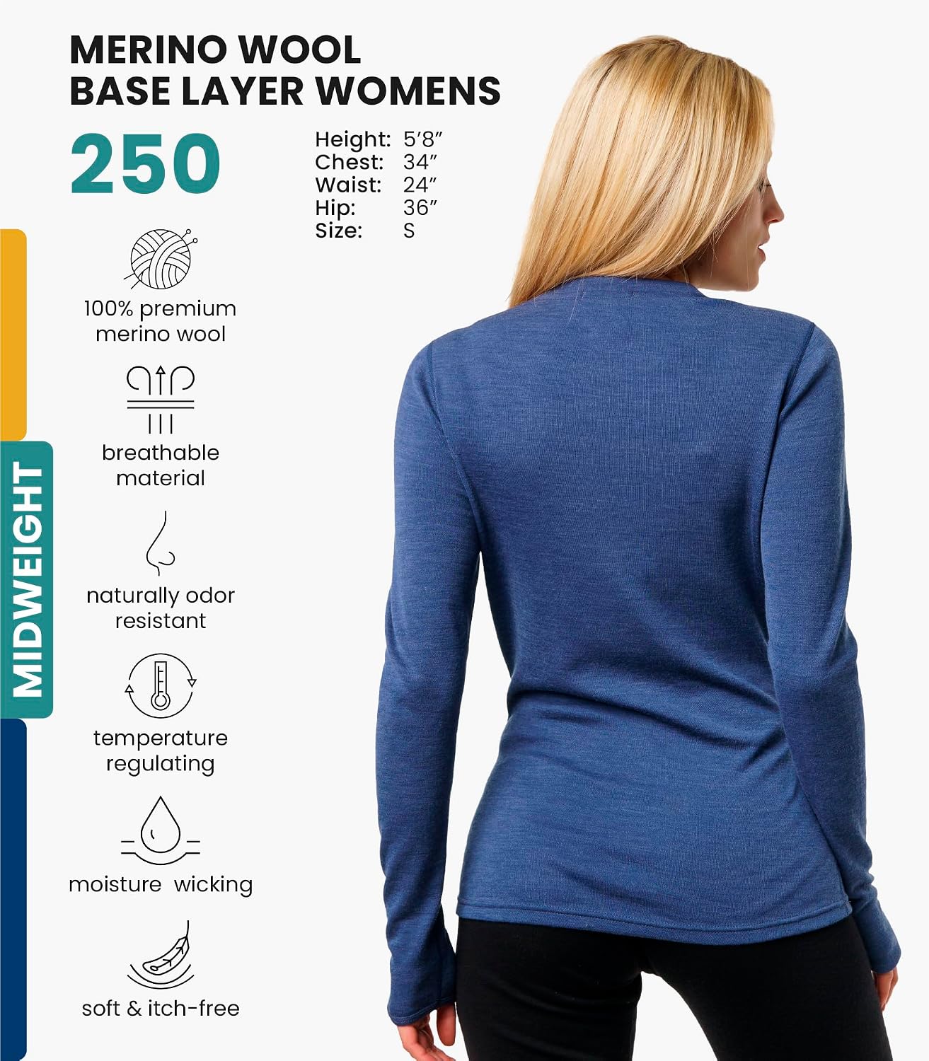 100% Merino Wool Base Layer Women - Long Sleeve Thermal Shirt with Socks