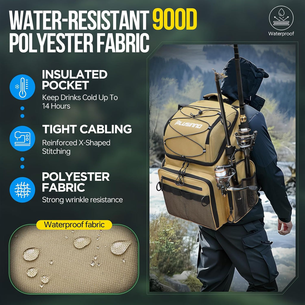 PLUSINNO Cooler Fishing Backpack with Rod Holders 45L Large Water-resistant Fishing Tackle bag Store Fishing Gear Fishing Gifts for Men Father
