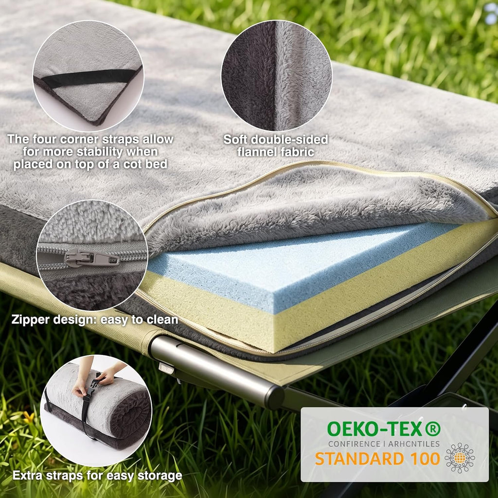 Thick Foam Camping Sleeping Pad, Soft Sleeping Mat, Double Side Fluff Camping Cot Pads for Adult, Non-Slip Roll up Camping Cot Mattress Topper for Camp Cot/Rv Bunk/Narrow Twin Beds, Pad Only