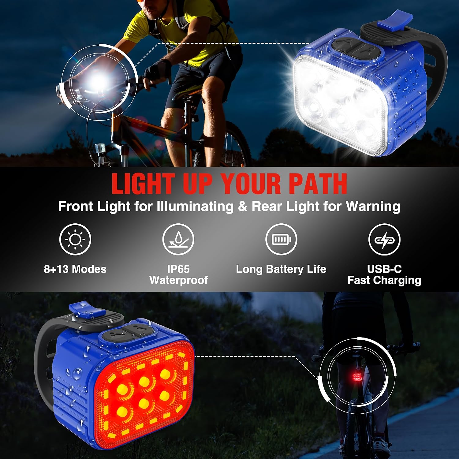 WORKPRO Bike Lights Set [8+13 Modes], Rechargeable Bicycle Light Set Ultra Bright, IP65 Waterproof Bike Lights for Night Riding, 1200mAh Bike Headlight and Tail Light Reflectors