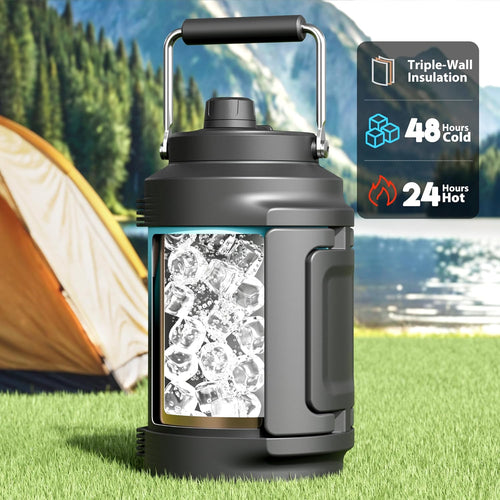 1 Gallon Insulated Water Bottle for Sports: Meoky 128 oz Triple Wall Vacuum Stainless Steel Water Jug - Top and Side Handles, Cold for 48 Hrs, 2-in-1 Straw and Spout Lid, Leak Proof for Hiking (Cyan)
