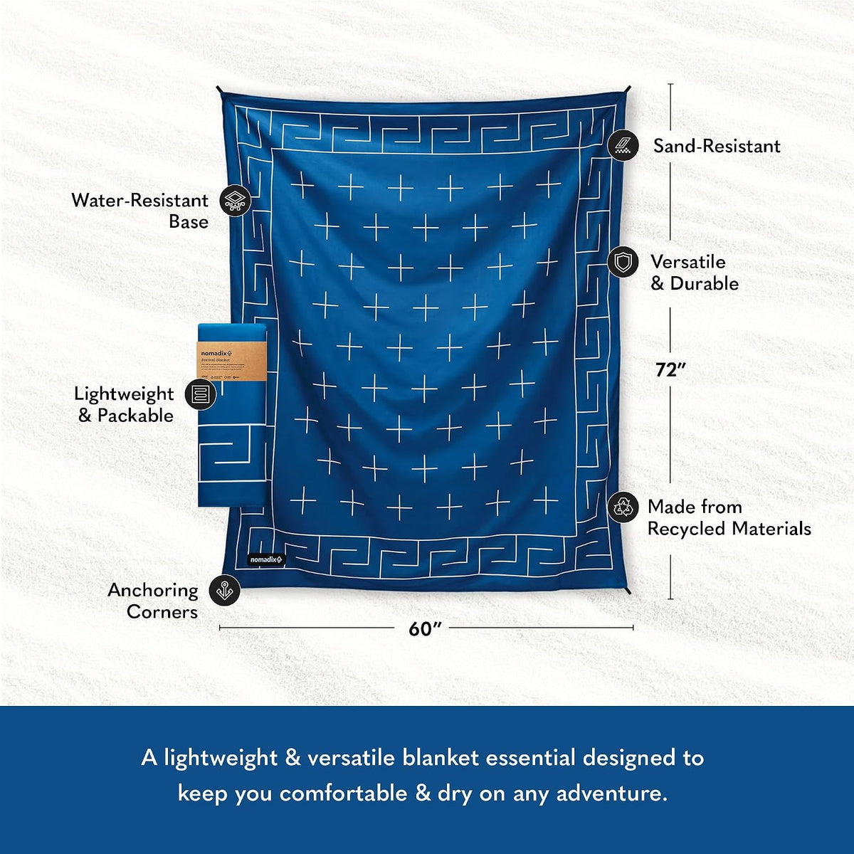 Nomadix Festival Blanket - Perfect for Picnics, Camping, & Lawn Seating - Plush Top & Water Resistant Base - Made with Post Consumer Recycled Materials - Barton Blue - 60x72