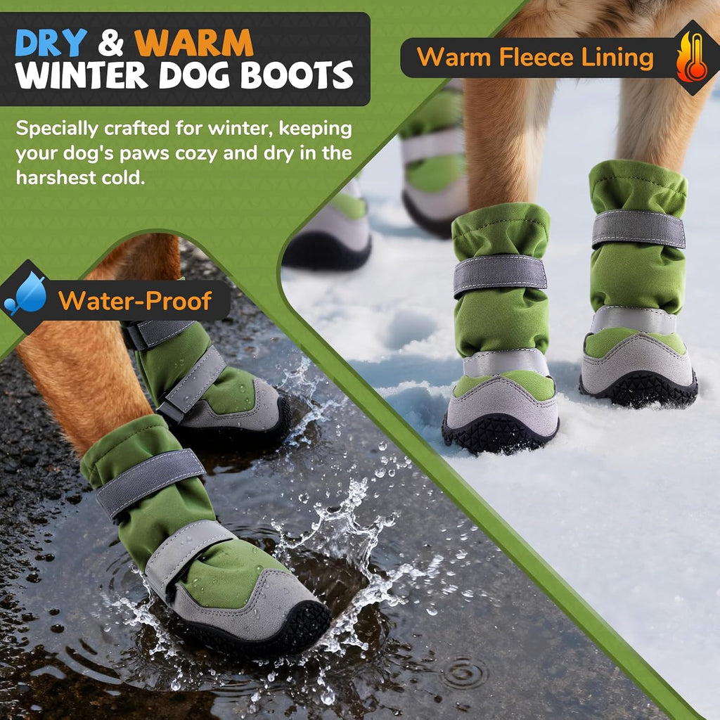 Winter Dog Snow Boots with Fleece Lining, Dog Shoes for Medium Large Size Dogs, Waterproof Dog Booties and Paw Protectors, Anti-Slip & Reflective Dog Shoes for Snow Outdoor, Hiking (Green-Size 4)