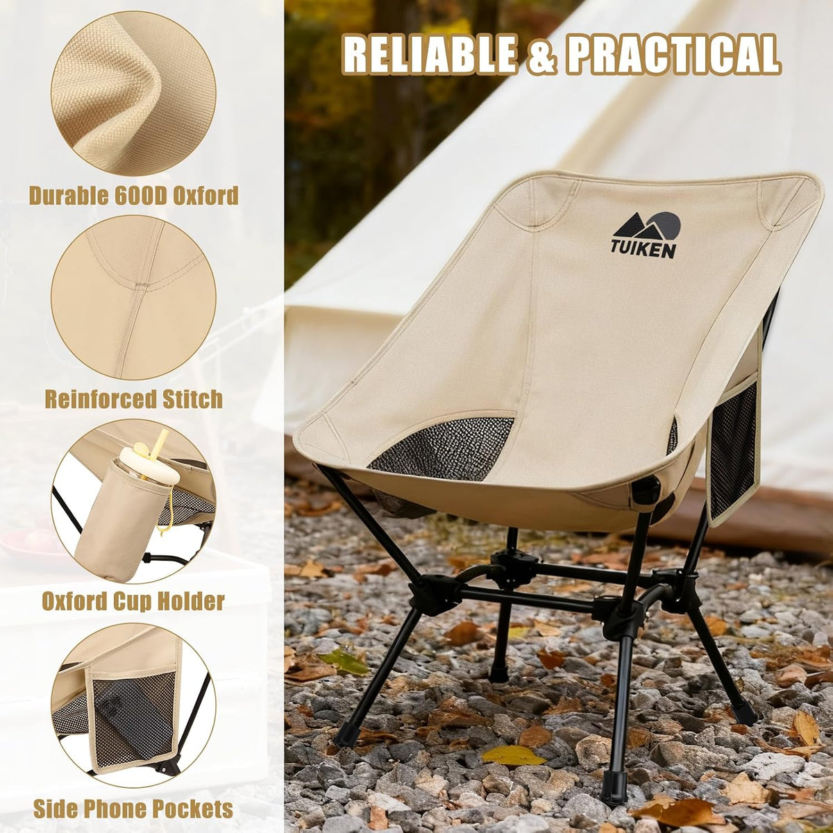 Ultralight Camping Chair Backpacking Chair, Portable Camp Chair with Cup Holder & Storage Bag, Lightweight Compact Folding Chair for Hiking, Travel, Picnic Mountaineering (Light Brown)