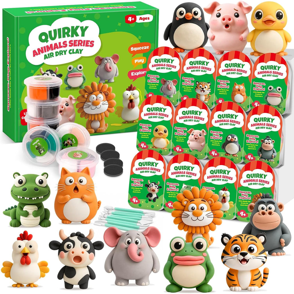 Kasfalci Air Dry Clay Kit for Kids, 12 Animals Modeling Magic Clay Sculpting Set, DIY Party Favors Arts & Crafts for Kids Ages 4-6-8-12, Ultra Light & Soft, Safe & Non-Stick with Tools & Tutorials