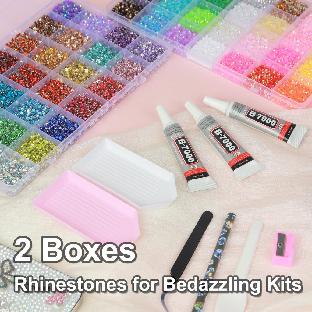 56 Colors Rhinestones for Bedazzling, 2 Boxes 3mm Multicolor Resin Jelly Flatback Gems with 3 Pcs B7000 Jewelry Glue & Tools, Bedazzler Kit for DIY Crafts Book Clothes Makeup Shoes Gifts Decor