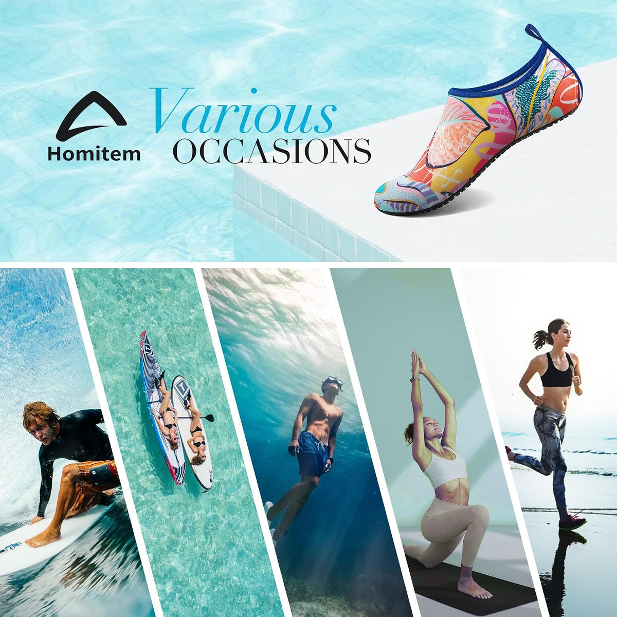 Homitem Water Shoes for Women Men Aqua Socks Swim Beach Pool River Slip-On Barefoot Quick-Dry Vacation Cruise Essentials Accessories for Yoga Kayak Sports