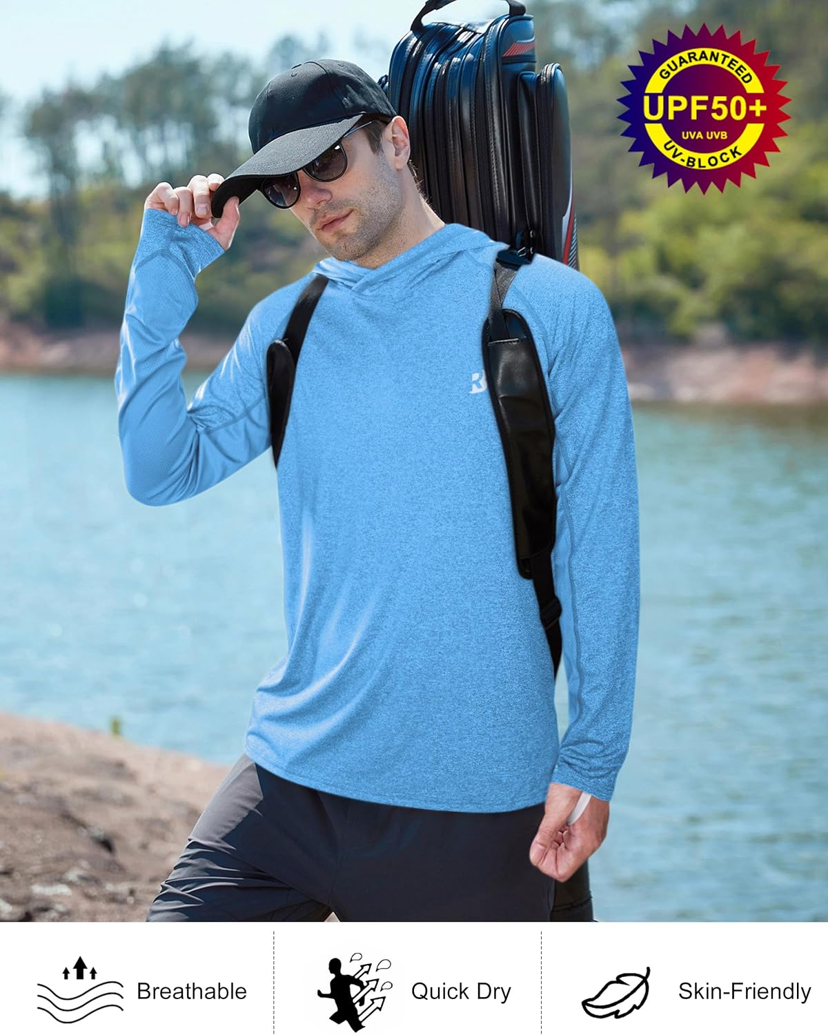 Roadbox Men's UPF 50+ Fishing Shirts, Long Sleeve UV Sun Protection Hoodie