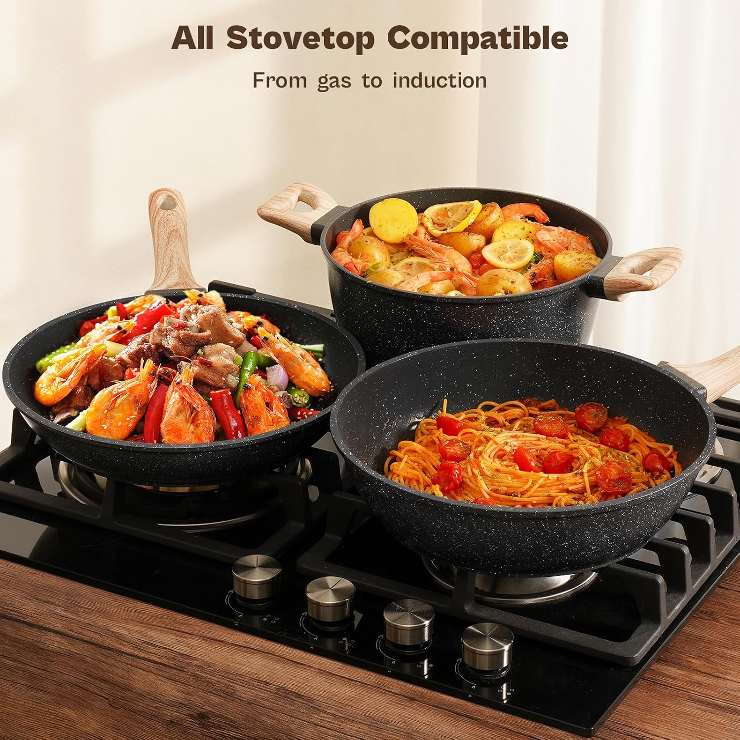 SODAY Pots and Pans Set Non Stick, 13Pcs Black Granite Induction Cookware