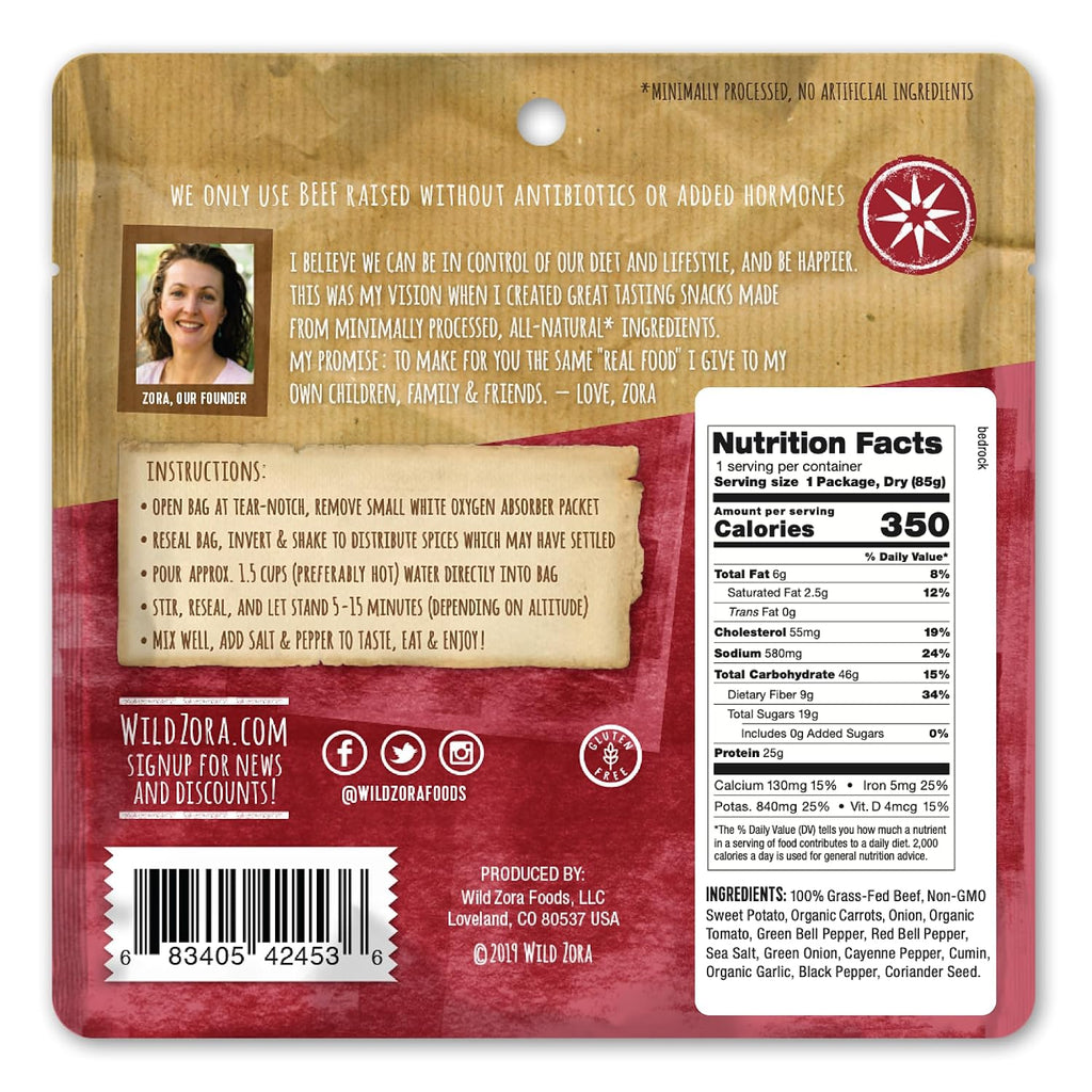 Wild Zora Paleo Freeze Dried Meals for Backpacking & Camping - Healthy Gluten Free & Grain Free Camping Meals/Backpacking Food + No Added Sugar - Great for Travel (Bedrock Beef Chili 2-pack)