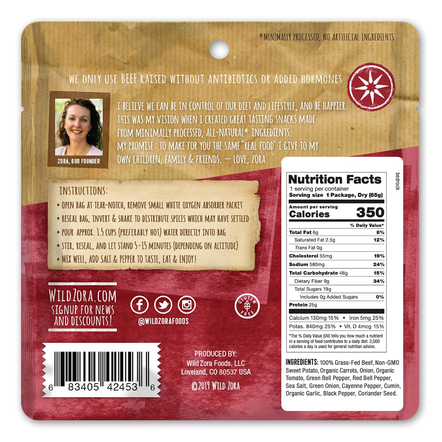 Wild Zora Paleo Freeze Dried Meals for Backpacking & Camping - Healthy Gluten Free & Grain Free Camping Meals/Backpacking Food + No Added Sugar - Great for Travel (Bedrock Beef Chili 2-pack)