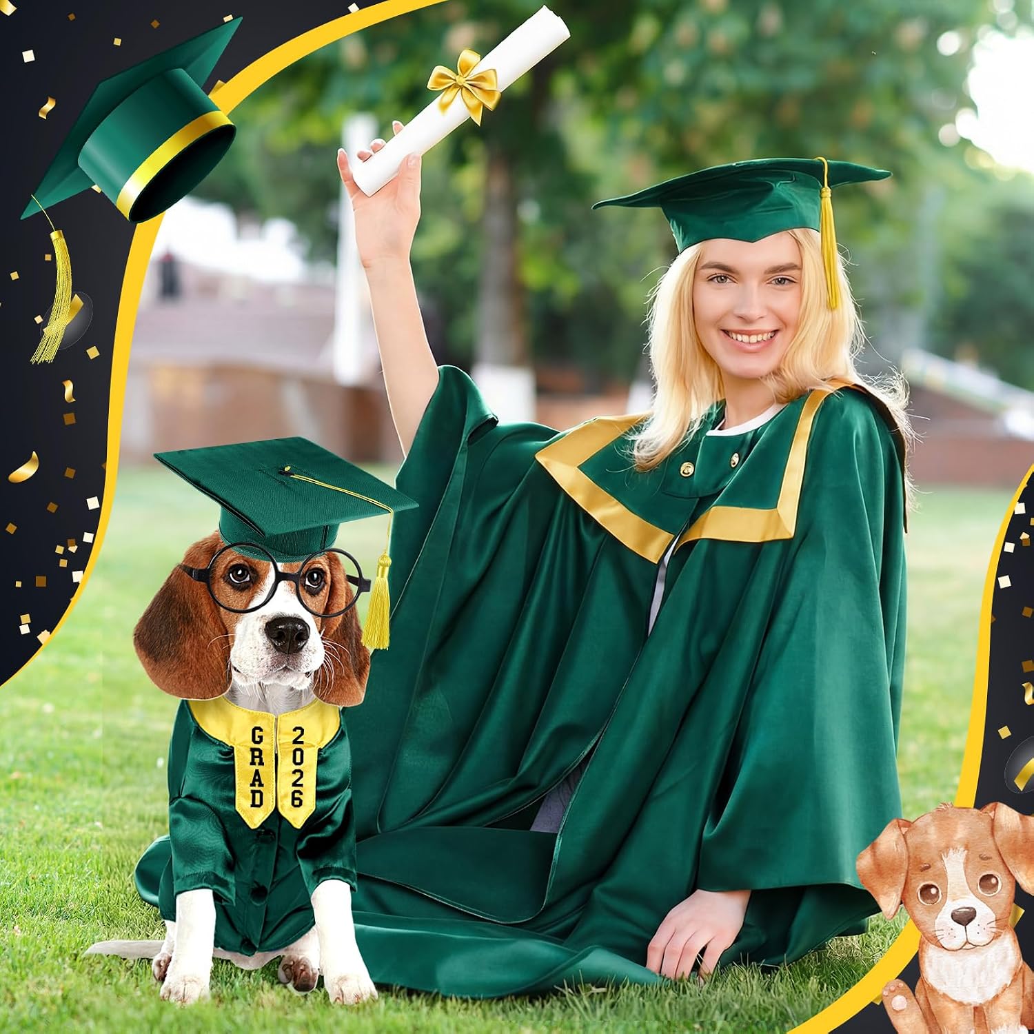 Huhumy 5 Pcs Dog Graduation Costume Set Include 2026 Pet Graduation Gown with Stole Puppy Grad Cap Lensless Glasses DIY Letter Stickers for Dogs Cats Holiday Costume Accessory(Green Yellow,S)