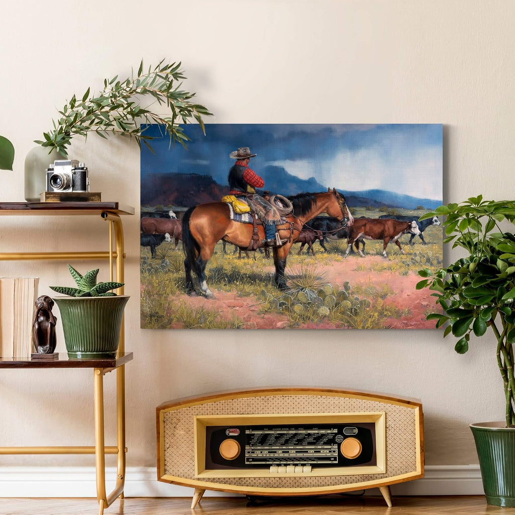 Renditions Gallery Canvas Animal Wall Art Modern Decorations Paintings Cloudy Outdoor Cowboy Abstract Vibrant Western Lifestyle Artwork Prints for Bedroom Office Kitchen - 12"x18" LT31