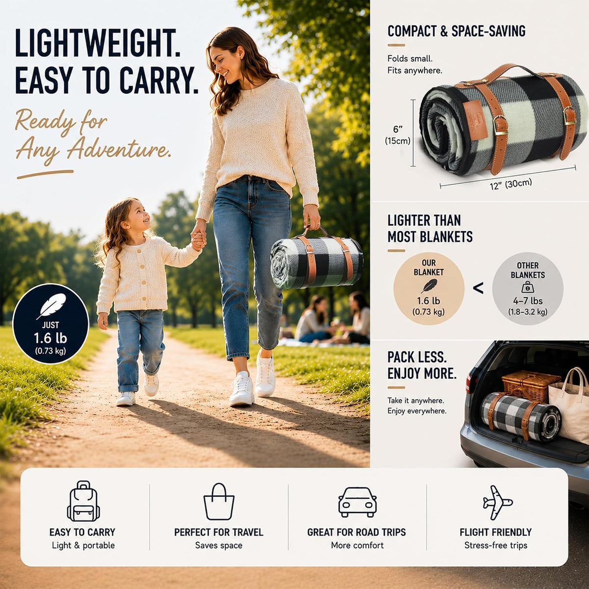 PortableAnd Ultra Soft Lightweight Picnic Blanket Waterproof 3-Layer Outdoor Mat Compact Foldable Blanket for Parks, Beaches, Camping & Everyday Adventures