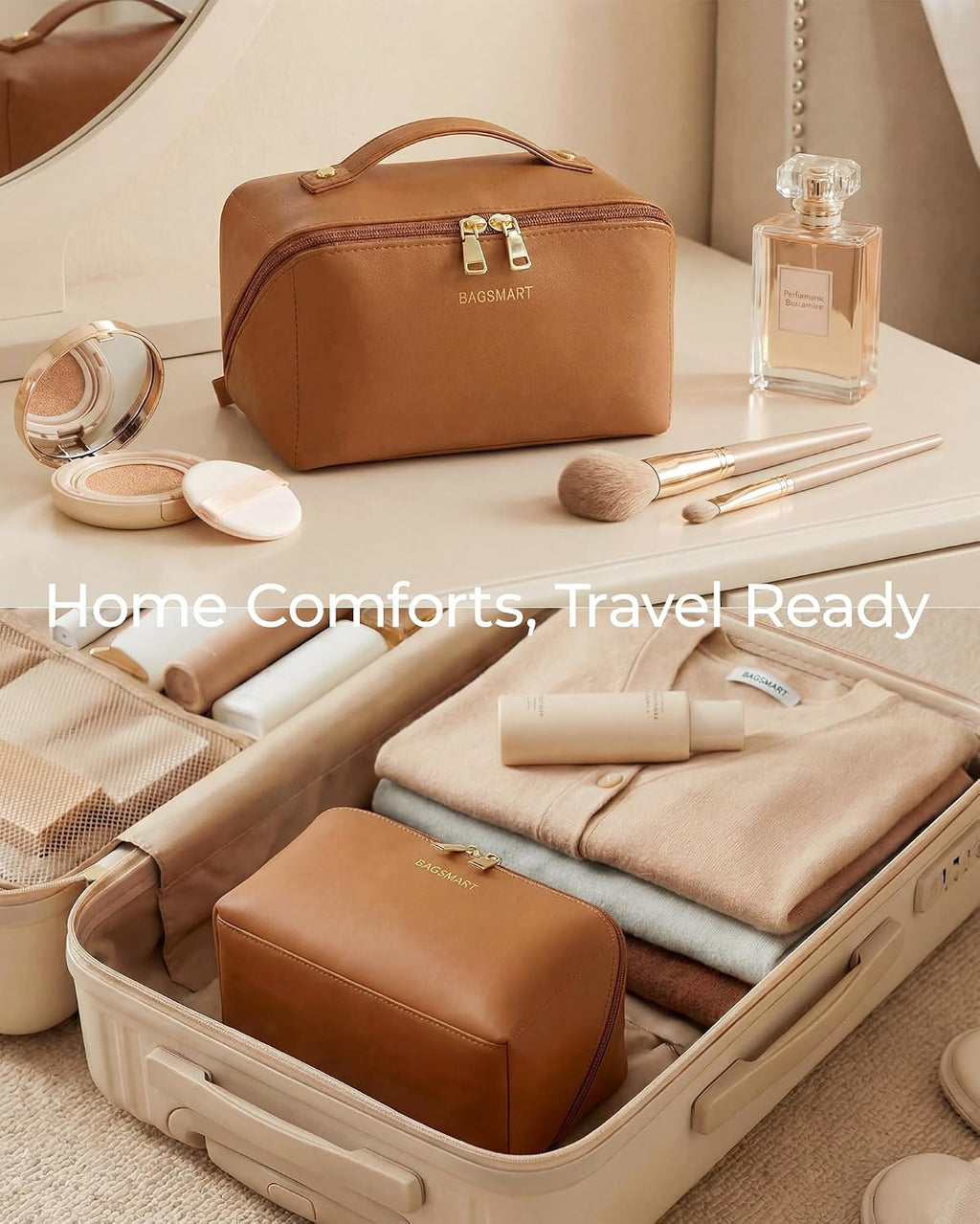 BAGSMART Makeup Bag Travel Cosmetic Bag,Women Toiletry Case, Coffee Brown