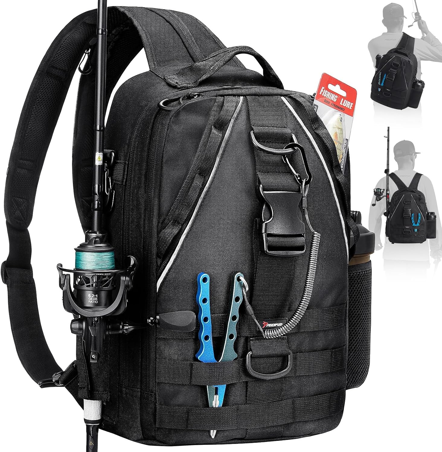 Piscifun Fishing Backpack, Rod Holders, Lightweight Sling Bag, Black
