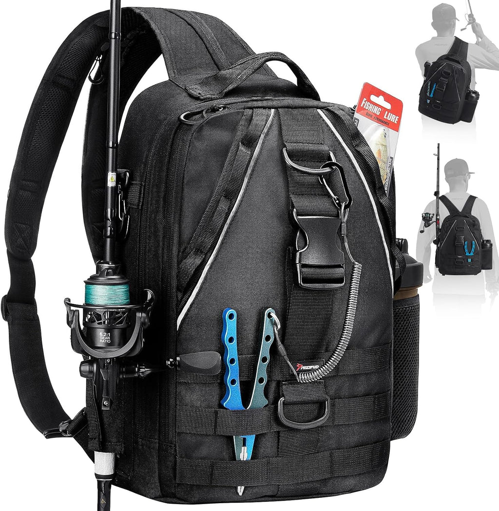 Piscifun Fishing Backpack, Rod Holders, Lightweight Sling Bag, Khaki Camo