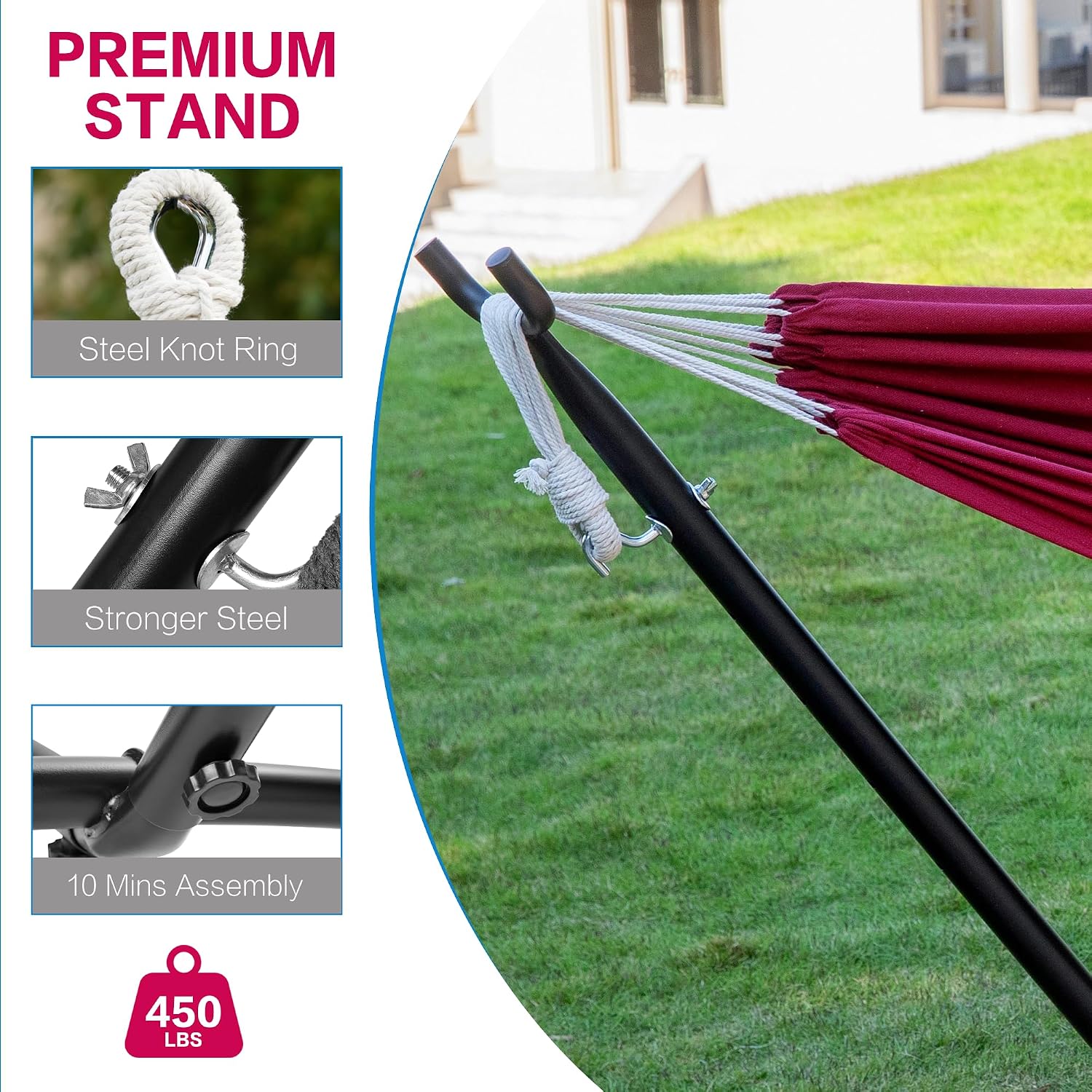 PNAEUT Double Hammock with Stand for Outside, Heavy-Duty, Portable (Cherry)