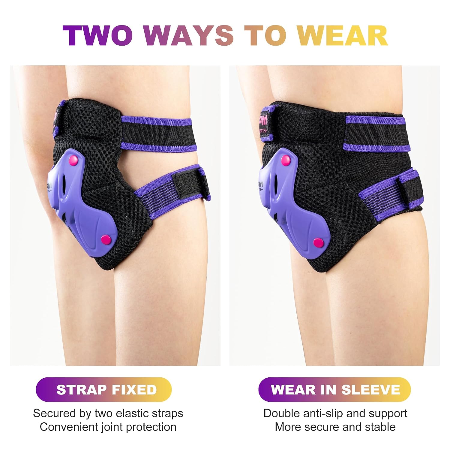 2PM SPORTS Knee Pads for Kids, Wrist Guards Knee and Elbow Pads Set with Drawstring Bag, Protective Gear Set for Girls Boys Roller Skating Cycling Skateboard - Purple Medium