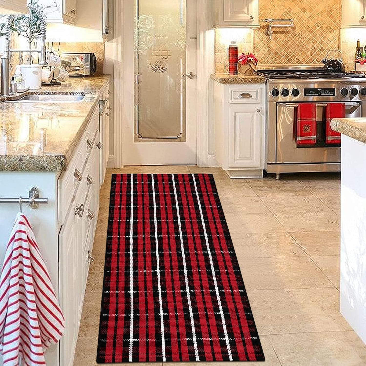 Christmas Front Door Mat Outdoor 2'X4.3' Red Plaid Porch Rug Welcome Mat