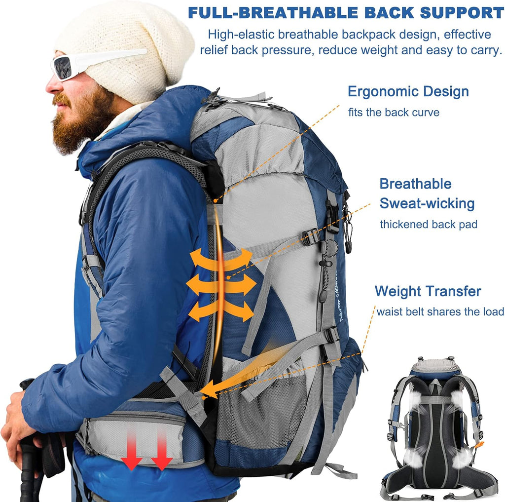 Loowoko 50L Hiking Backpack with Rain Cover for Both Men & Women