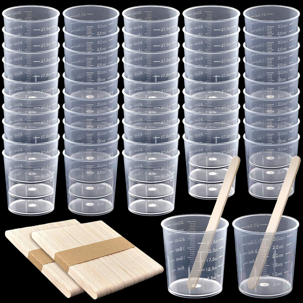 Coopay 50 Pack 60ml/2oz Plastic Graduated Cups Transparent Scale Clear Epoxy Mixing Cup with 100 Pack Wooden Stirring Sticks for Resin, Epoxy, Stain, Mixing Paint