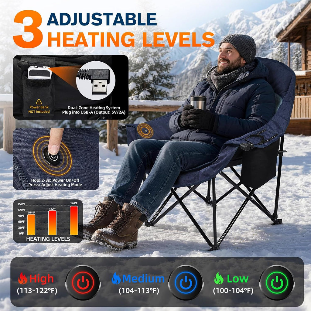 Heated Oversized Camping Chair, Heavy Duty Padded, Thick Headrest, Blue