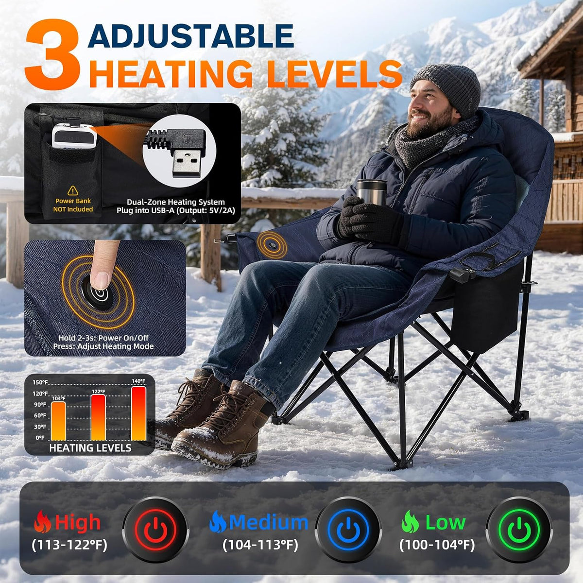 Heated Oversized Camping Chair, Heavy Duty Padded, Thick Headrest, Blue