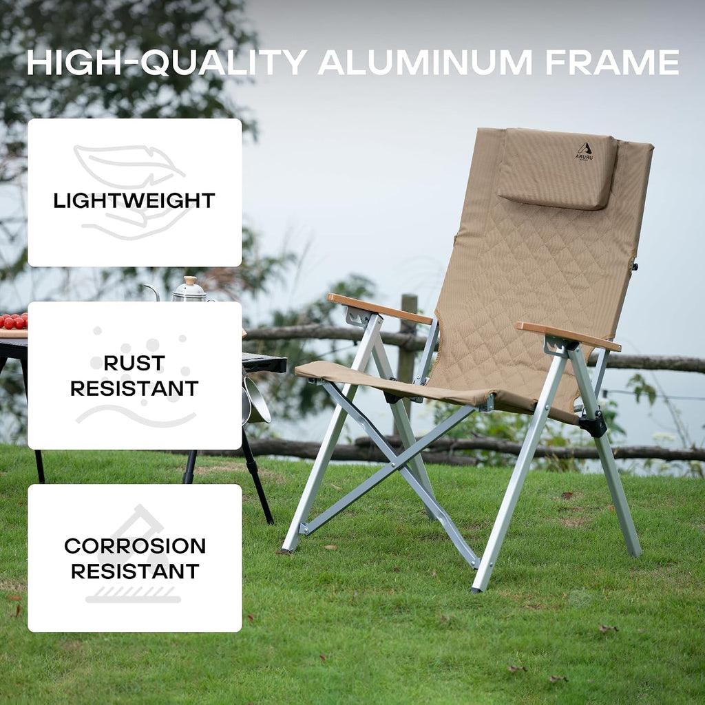 Reclining Camping Chair, Heavy Duty Folding Chairs with 4-Stage Adjustable High Back for Adults, Compact Foldable Outdoor Patio Reclining Chair with Storage Bag (Khaki, 2 Pack)