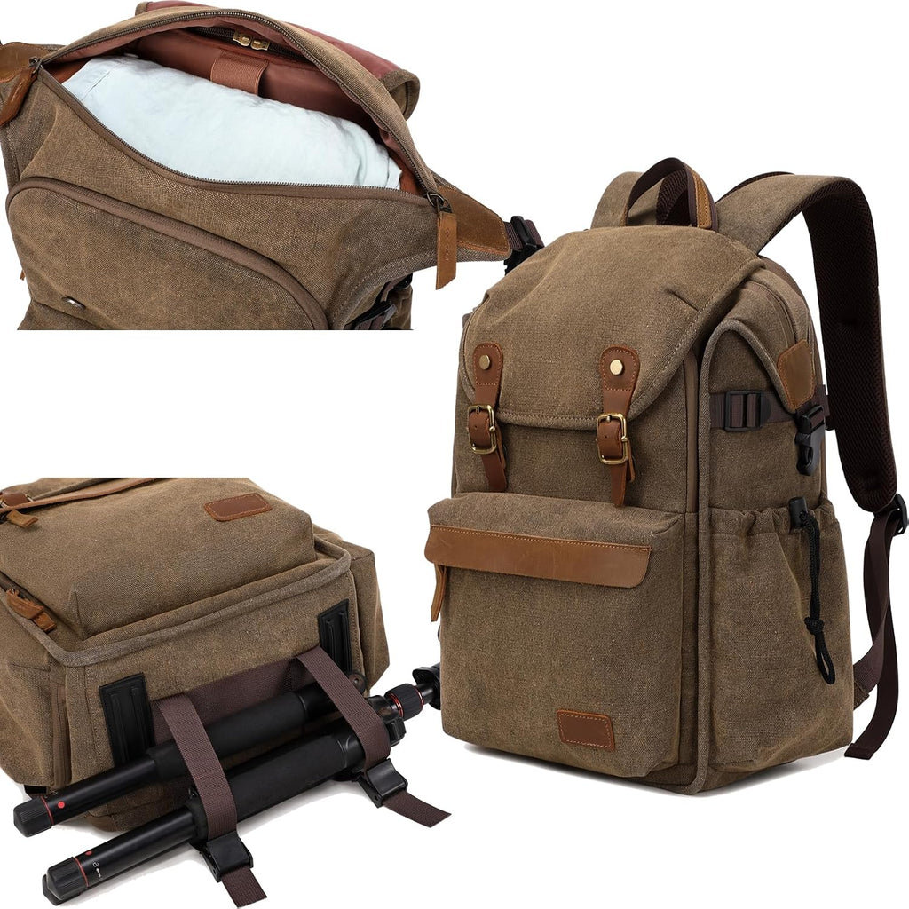 Vintage Canvas Camera Backpack (Coffee Brown) for DSLR/Mirrorless & Drone, Waterproof Photography Bag with 16" Laptop Compartment, Large Capacity Travel Camera Bag for Photographers