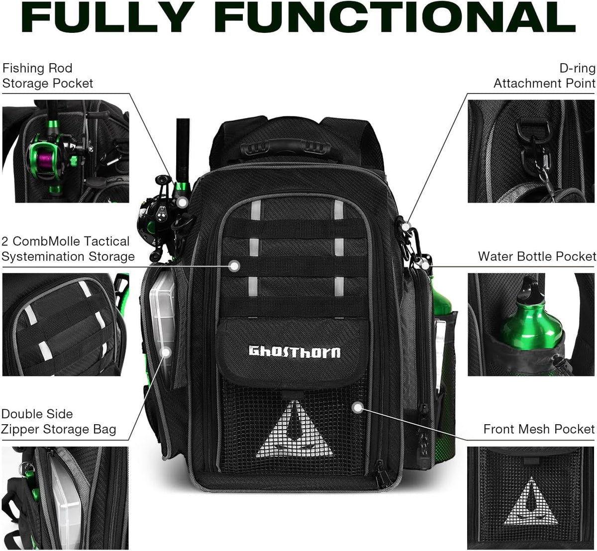 Ghosthorn 43L Fishing Tackle Backpack with 4 Tackle Boxes & Rod Holder