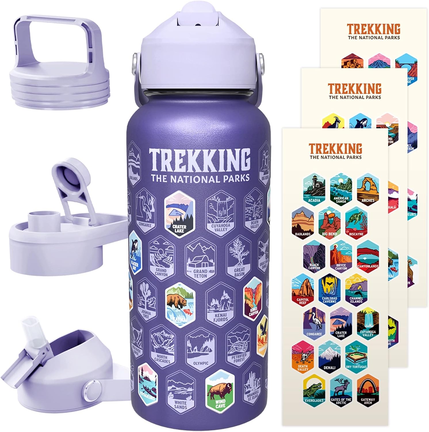 Trekking The National Parks Water Bottle with 63 Waterproof Stickers & 3 Lids (Straw, Spout, & Chug) | 32 Oz Insulated Wide Mouth Stainless Steel Bottle for Camping & Hiking | BPA-Free and Leak-Proof