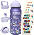Trekking The National Parks Water Bottle with 63 Waterproof Stickers & 3 Lids (Straw, Spout, & Chug) | 32 Oz Insulated Wide Mouth Stainless Steel Bottle | BPA-Free and Leak-Proof - PURPLE