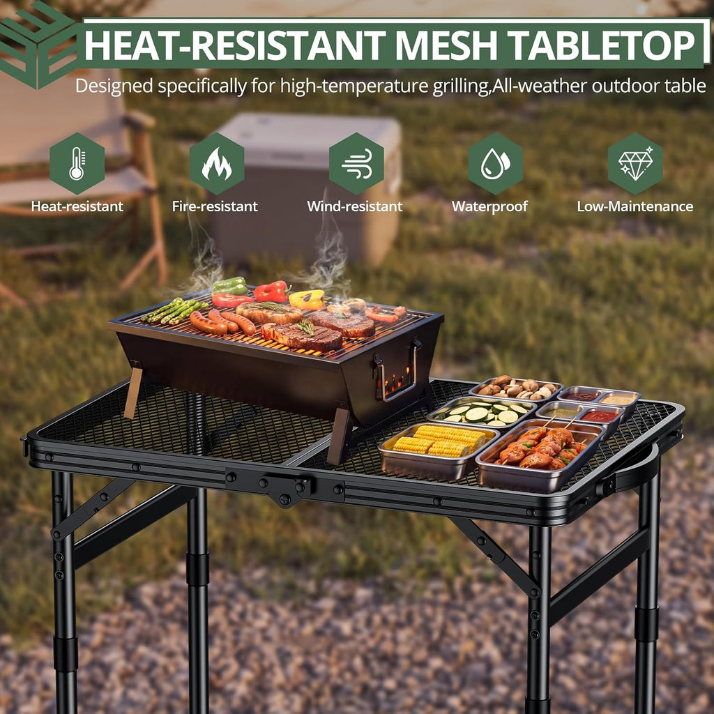 EYPINS Folding Grill Table,3-Height Camping Table,Heat-Resistant Mesh Top