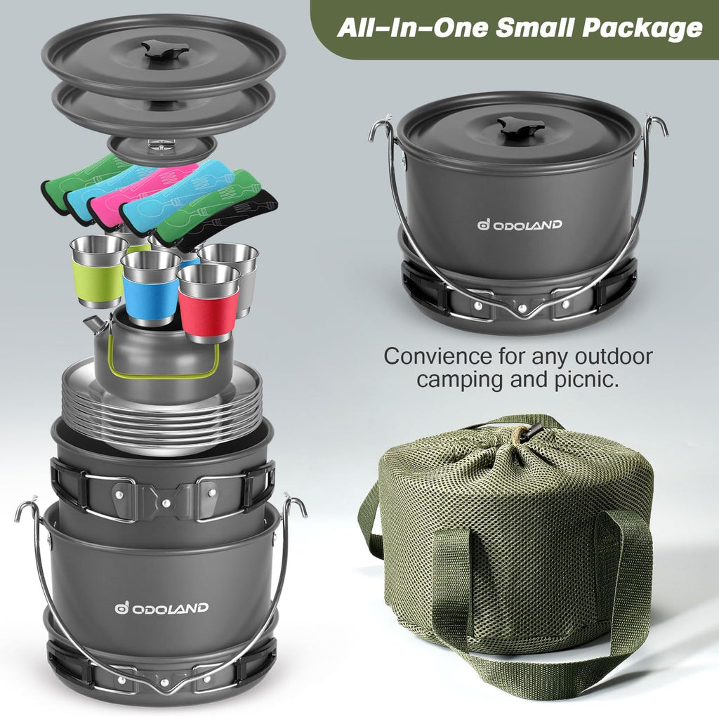 Odoland 39pcs Camping Cookware Mess Kit, Non-Stick Large Size Hanging Pot Pan Kettle with Base Dinner Cutlery Sets for 6 and More, Cups Dishes Forks Spoons Kit for Outdoor Camping Hiking Picnic