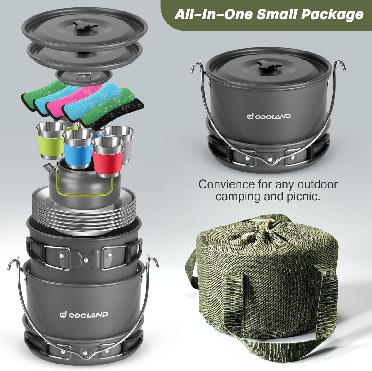 Odoland 39pcs Camping Cookware Mess Kit, Non-Stick Large Size Hanging Pot Pan Kettle with Base Dinner Cutlery Sets for 6 and More, Cups Dishes Forks Spoons Kit for Outdoor Camping Hiking Picnic