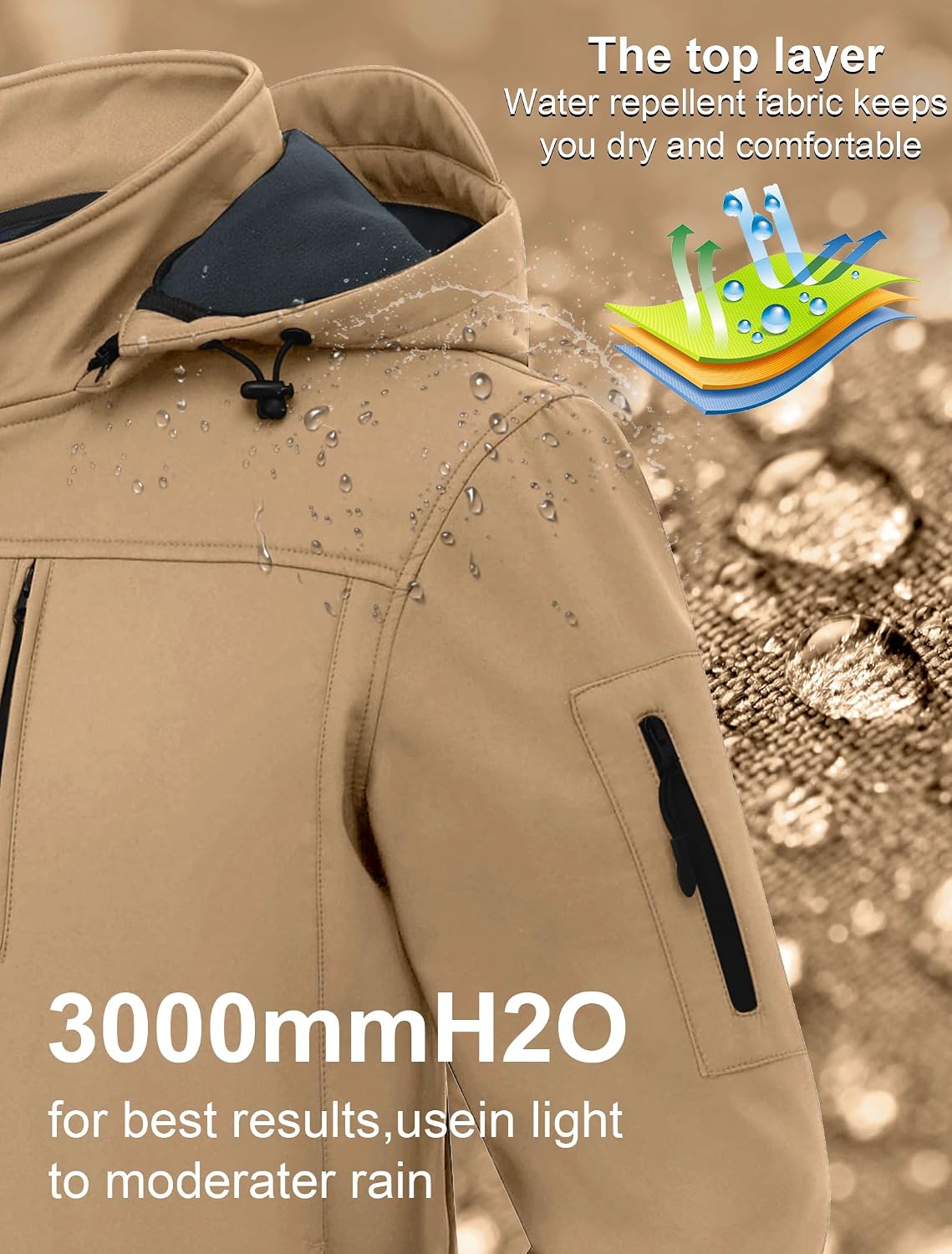 CREATMO US Men's Softshell Military Jacket With Removable Hood, Fleece Lined and Water Repellent Outdoor Reflective Coat