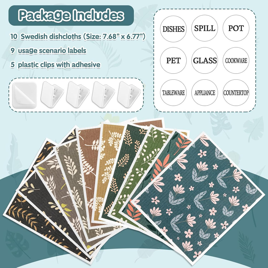 Lucomb 10 Pack Swedish Dishcloths Reusable- Cellulose Cotton Swedish Dish Towels Washable Kitchen Cloths with Hanging Clips, Reusable Paper Towels No Odor for Cleaning Dishes Home Decorative