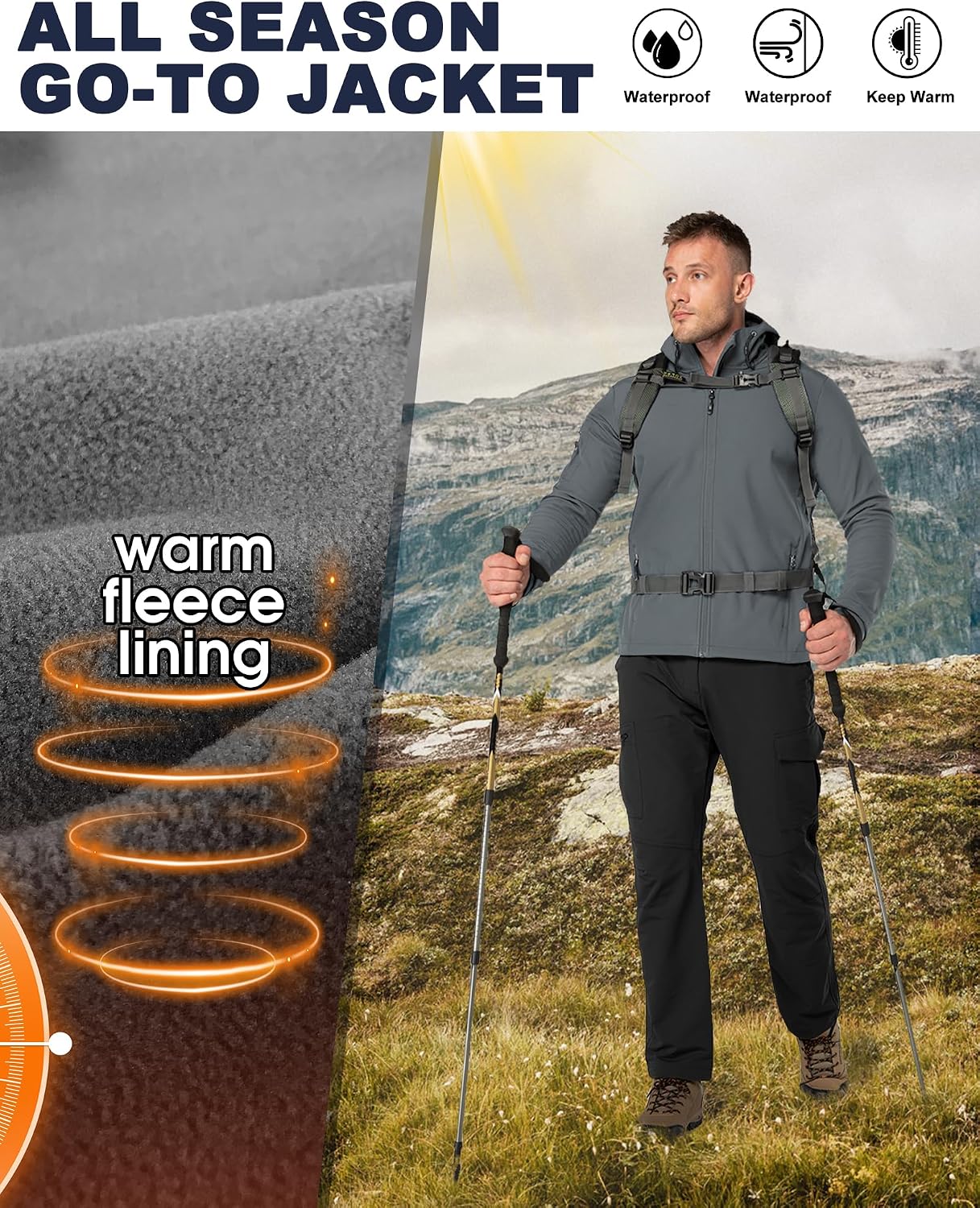 33,000ft Men's Hooded Fleece Lined Rain Shell Jacket Waterproof Lightweight