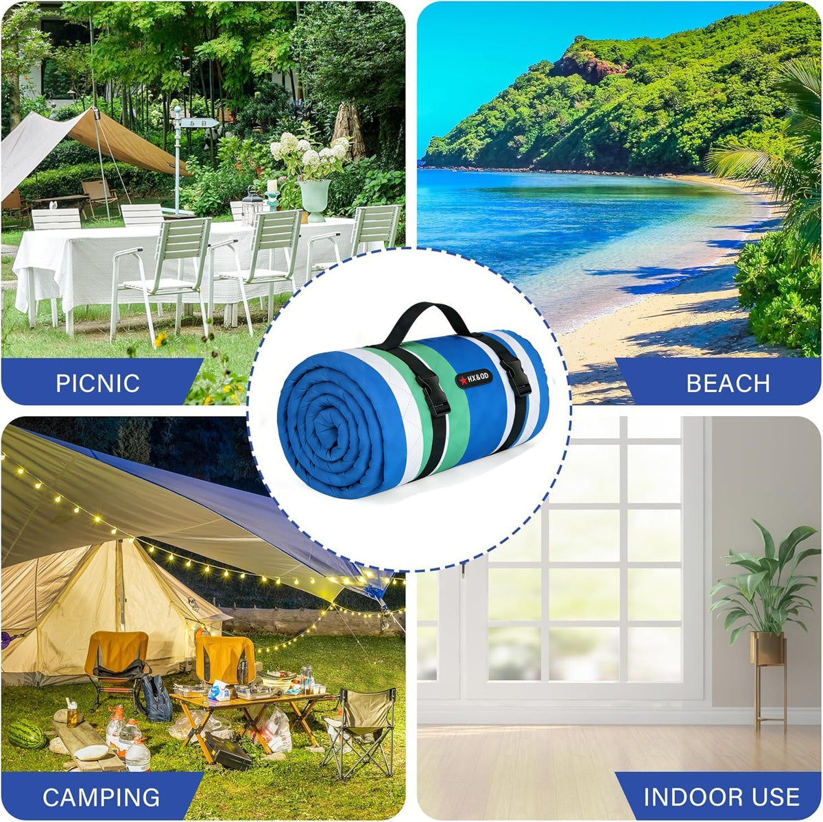 HX&OD Outdoor Picnic Blanket Extra Large, 80''*60'' Waterproof Picnic Mat with Stakes Foldable Camping Blanket Portable with Carry Strap for Beach Mat (Green& White, 80''*60'')